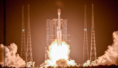 The Long March-7A carrier rocket carrying China Sat 3B satellite blasts off from the Wenchang Space Launch Site on May 20, 2025 in Wenchang, Hainan Province of China.