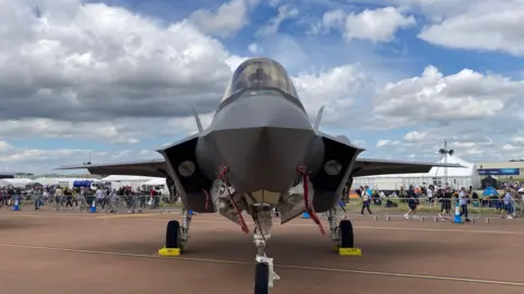 A military fighter jet, stands on a red runway. Behind it, behind fencing, crowds of people walk past and look on. There are tents behind them.