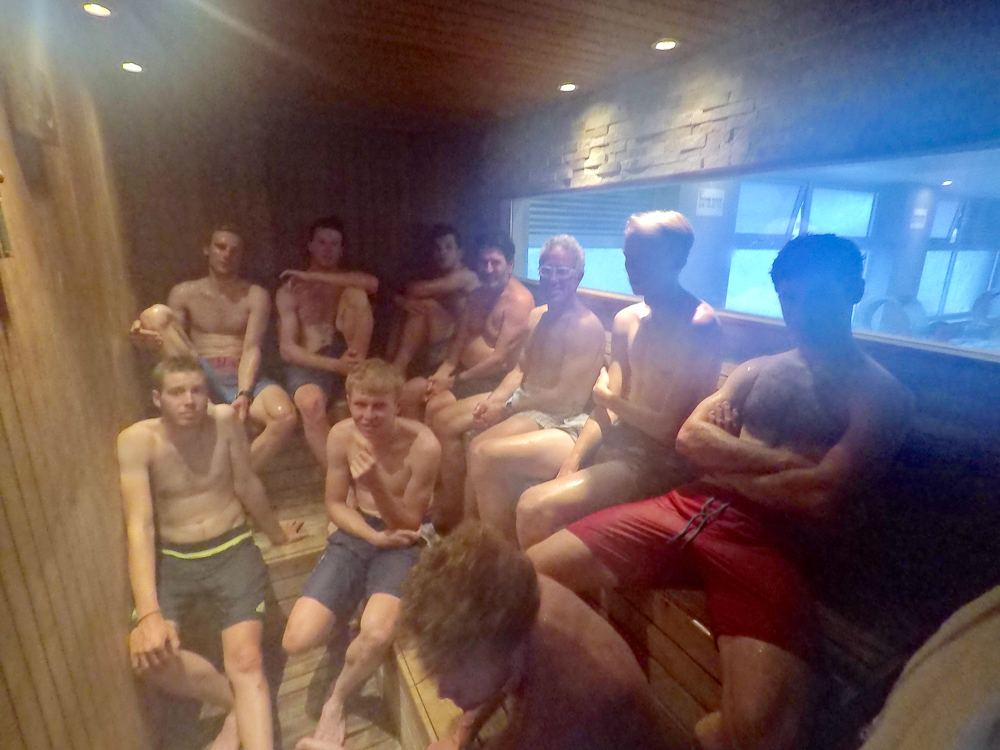 A tight fit in the sauna before riders visit the ancient city of Akka