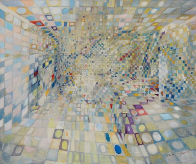 An abstract painting resembling a room whose walls are covered in blue and white squares inset with circles.