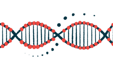 An illustration of a strand of DNA highlights its double-helix structure.