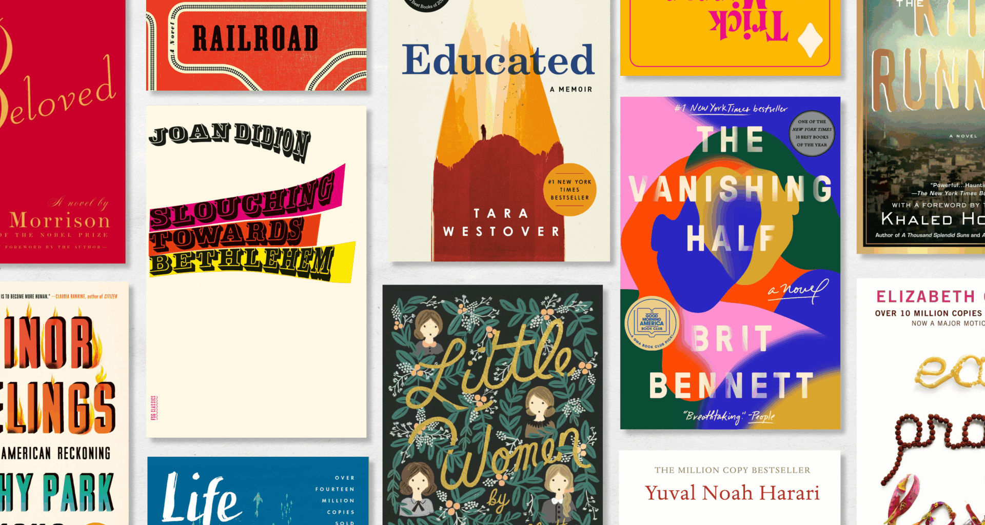 a collage of book covers including little women the vanishing half educated and more