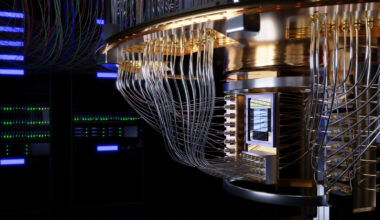 3d render of the lower portion of a quantum computer featuring the qubit chip.