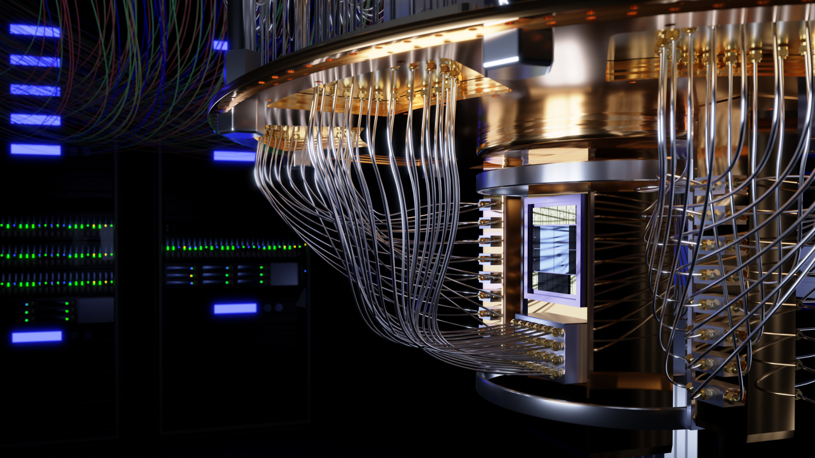 3d render of the lower portion of a quantum computer featuring the qubit chip.