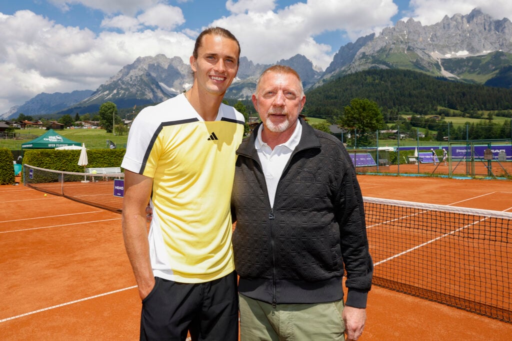 Boris Becker and Alexander Zverev pose for a photo at the WorldChanger Tennis Tournament X Alexander Zverev Foundation