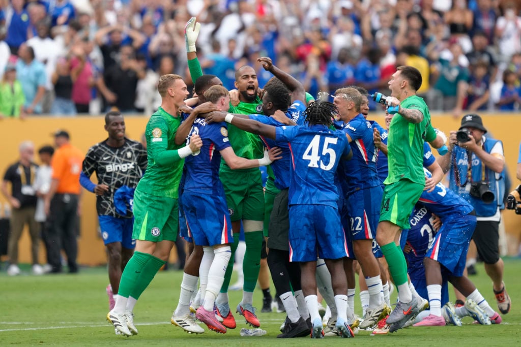 Chelsea players celebrate after beating PSG in Club World Cup final