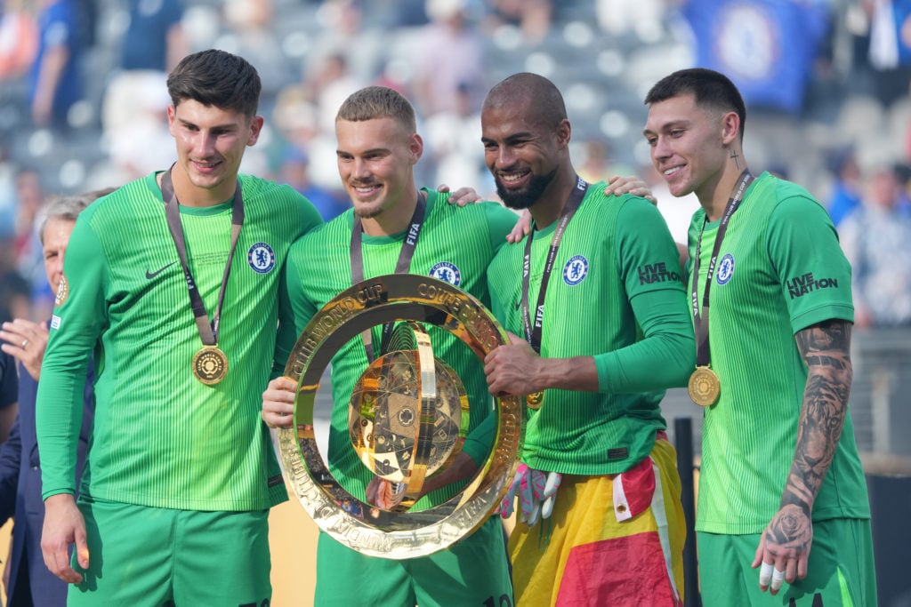 Robert Sanchez and Chelsea's other goalkeepers with Club World Cup trophy