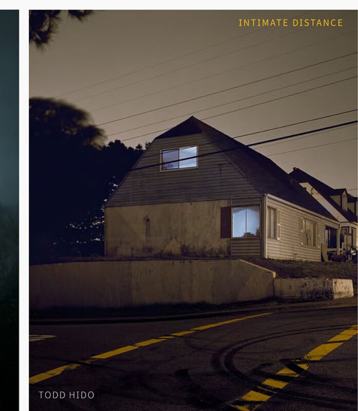 A house with a lit window stands on a quiet, empty street at night. The sky is overcast, and the scene is illuminated by soft, ambient lighting. The words "Intimate Distance" and "Todd Hido" appear on the image.