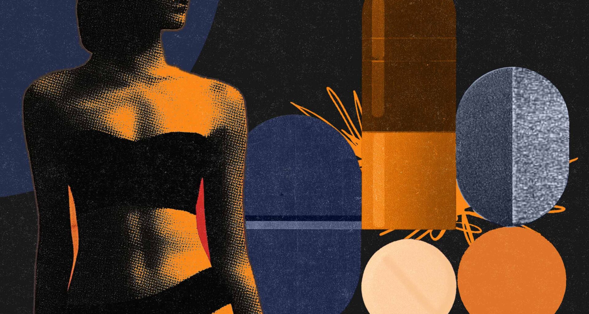 illustration of a fit female on a background of various prescription drugs