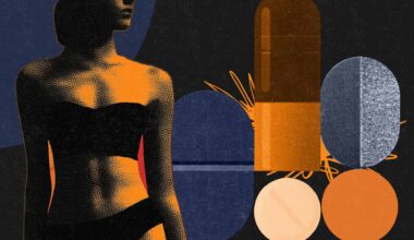 illustration of a fit female on a background of various prescription drugs