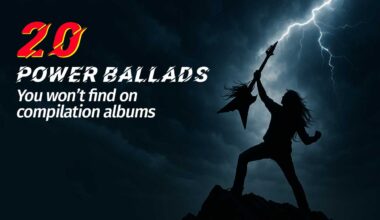 A man on a mountain top holding a guitar aloft during a lightning strike