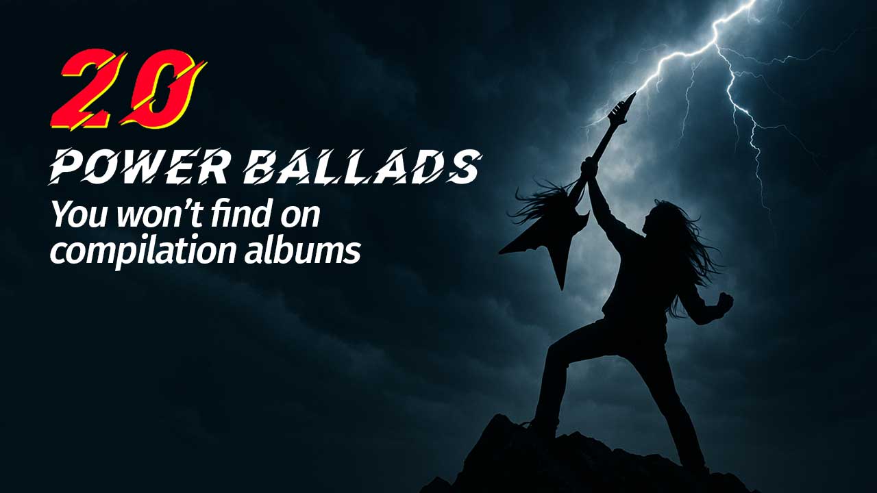 A man on a mountain top holding a guitar aloft during a lightning strike