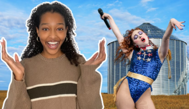 A grain silo in Saskatchewan in the background. In front is pop singer Chappell Roan holding a microphone. Beside her is a teen contributor, Maya, with a shocked, yet happy expression.