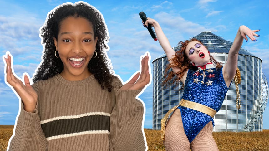 A grain silo in Saskatchewan in the background. In front is pop singer Chappell Roan holding a microphone. Beside her is a teen contributor, Maya, with a shocked, yet happy expression.