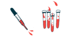 A dropper squirting blood is pictured alongside four half-filled vials.
