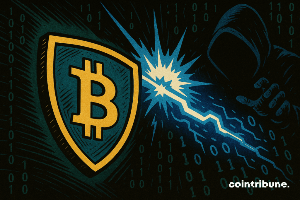 An imposing shield in the shape of a shield, adorned with the iconic Bitcoin symbol in orange and black, occupies the left third of the composition. It faces a violent attack: a beam of blue energy, stylized as a quantum discharge, bursts from the outstretched hand of a hooded, ominous, and faceless figure, entirely shrouded in shadow. The background is saturated with green binary digits (0 and 1) floating in digital space, creating an oppressive technological atmosphere. The collision between the beam and the shield generates a luminous explosion in the center of the image, accentuated by dynamic motion lines and dramatic shadows in a 1970s comic book style. The scene evokes the symbolic defense of Bitcoin against the invisible threat of the quantum computer, in an atmosphere of imminent cyberattack, tinged with urgency and digital tension.