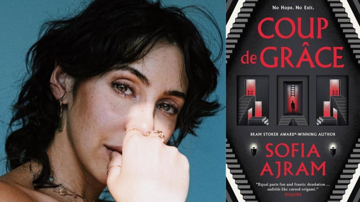 Coup de Grâce by Sofia Ajram. Illustrated book cover of black, white and red staircases and different looping doors.