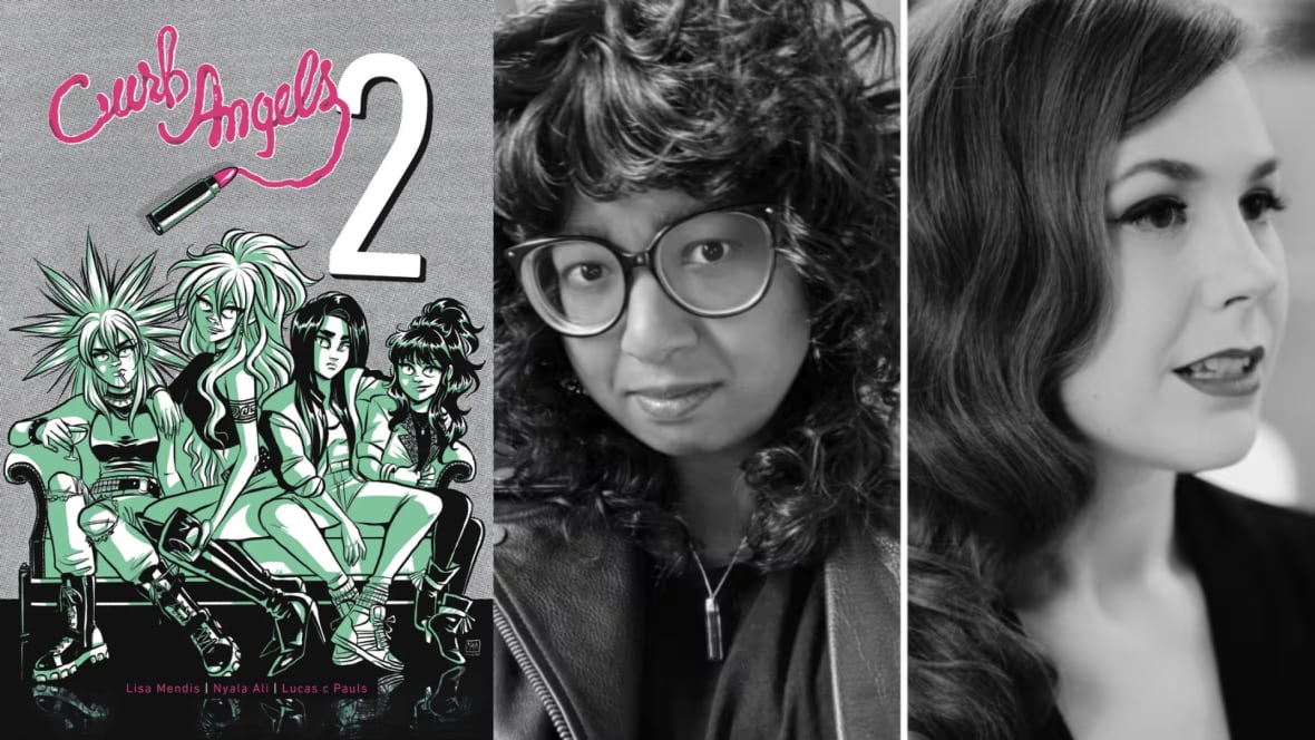 A composite image of an illustrated book cover and black and white portraits of a two women. 