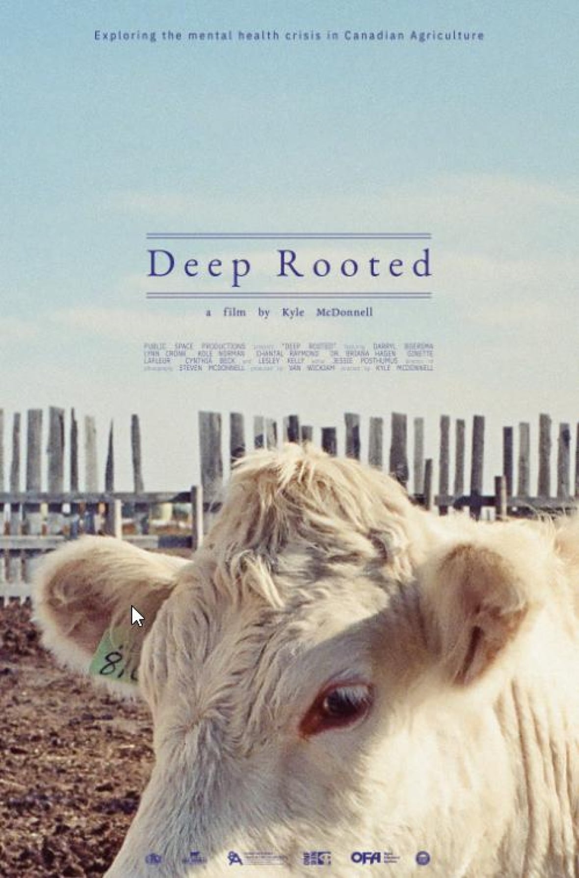 A movie poster of a cow in front of an old, wooden windbreak fence.