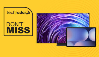 Samsung TV and tablet on yellow background with don't miss text overlay