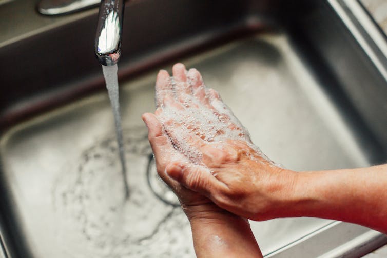 Person washing hands in sink