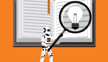 Robot holding a magnifying glass over a page in an open book