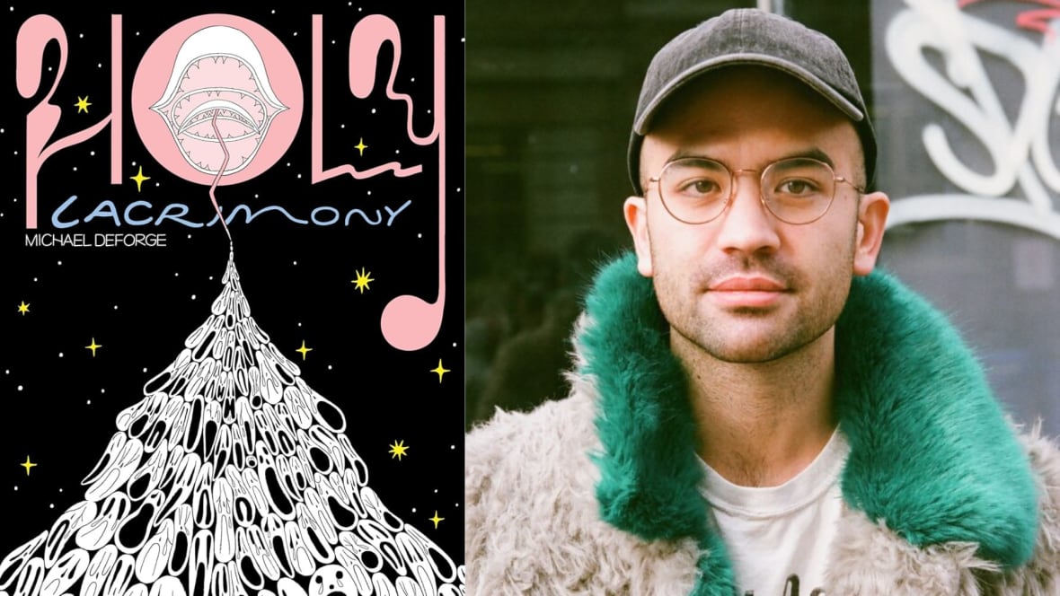 A composite image of a black illustrated book cover and a portrait of a man with glasses and a hat looking into the camera.