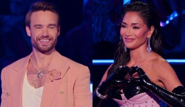 From left to right: Liam Payne smiling on Building the Band and Nicole Scherzinger making a heart with her hands.