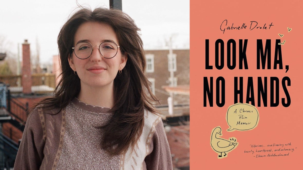 A composite image of a woman with glasses and dark hair beside an illustrated pink book cover.