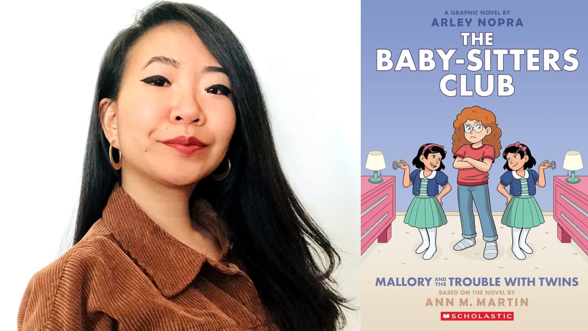 On the left the author and illustrator smiles at the camera. On the right an illustration of three young girls, two of them twins.