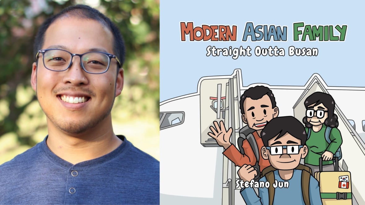 A composite image of a portrait of a Korean man with glasses smiling into the camera and an illustrated book cover featuring an Asian family walking down the stairs of an airplane.
