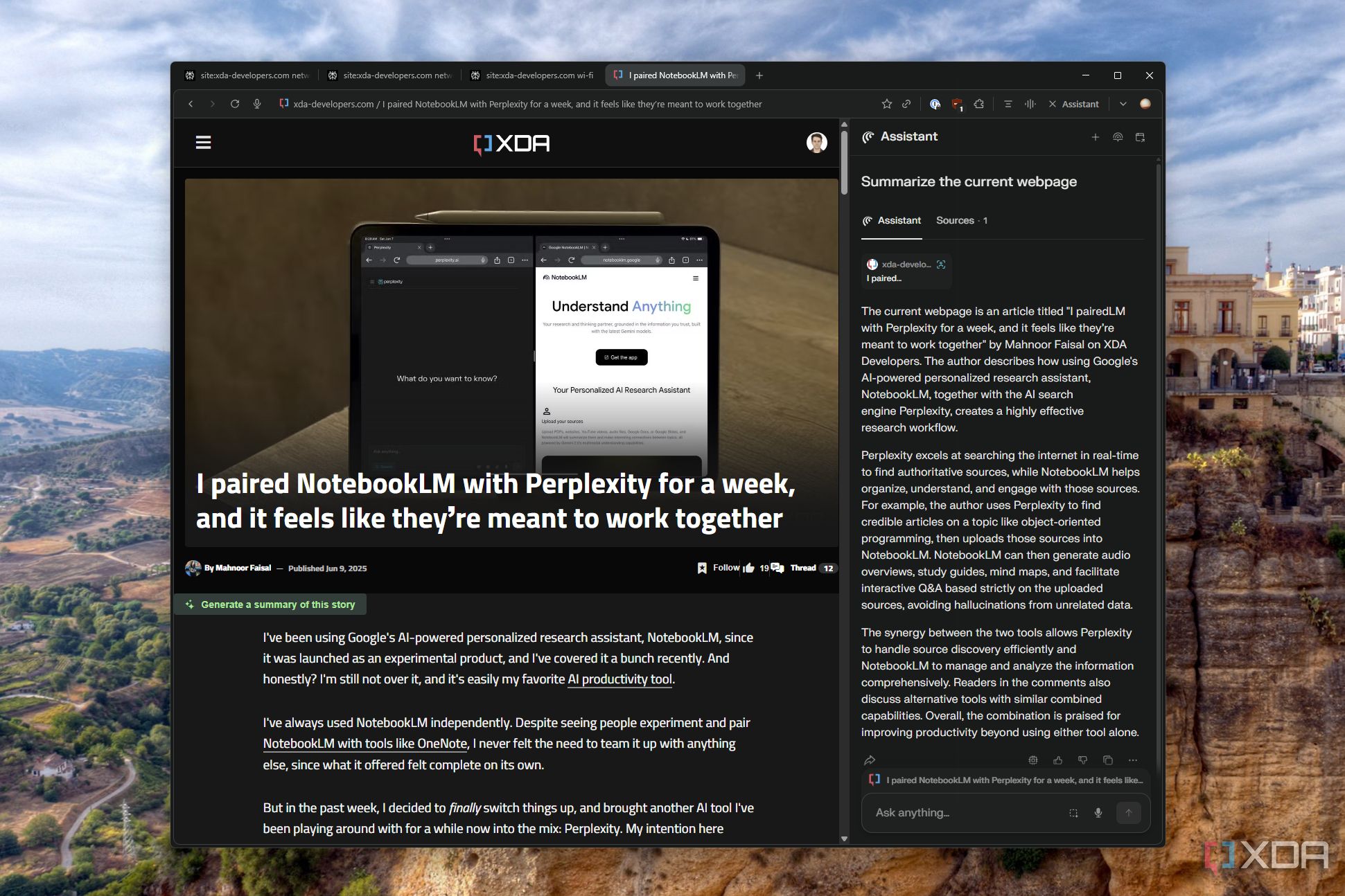 screenshot of perplexity comet browser showing the xda website