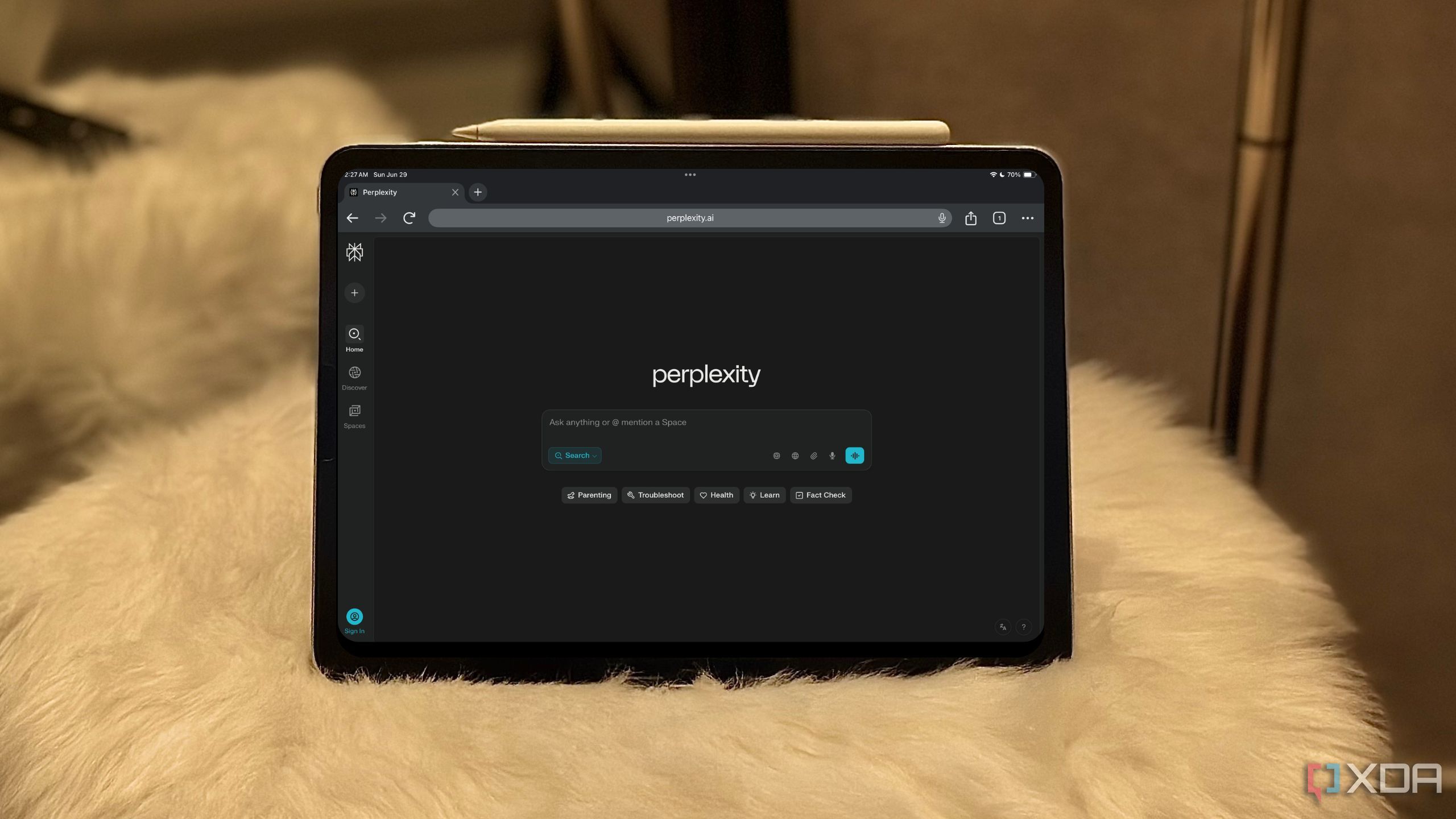 Perplexity website displayed on iPad