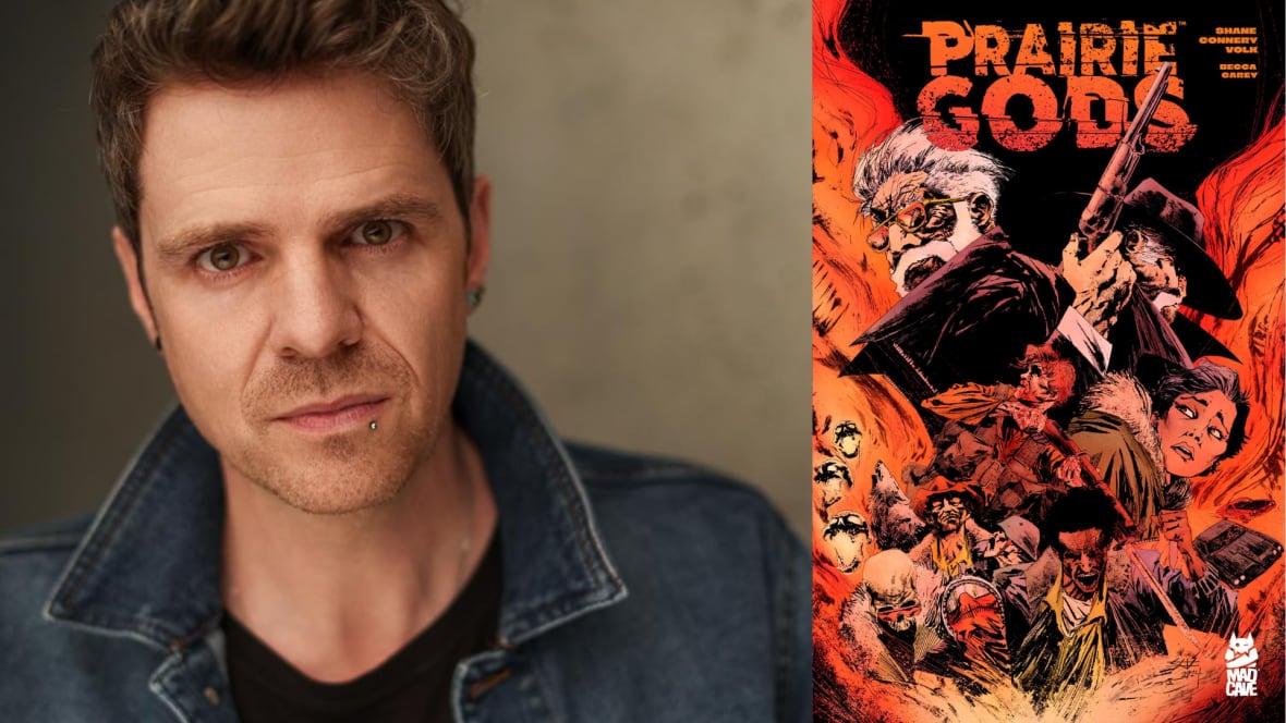 A composite image of a man with dark hair looking into the camera beside an illustrated comic book cover.