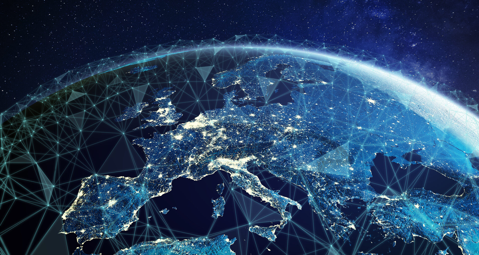 View of Europe from space with lines showing connections denoting wireless connectivity