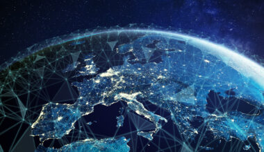 View of Europe from space with lines showing connections denoting wireless connectivity