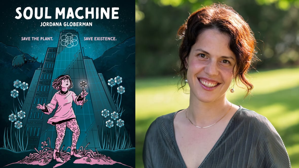 A composite image of an illustrated book cover featuring a woman holding a flower beside a portrait of a woman with black hair smiling into the camera.