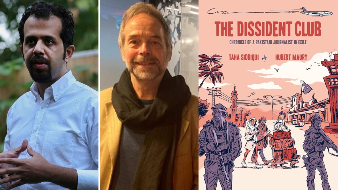 A composite image of a portrait of a Pakistani man with dark hair looking to the left, a man with grey hair and a beard and an illustrated book cover featuring a family framed by two soldiers with guns.