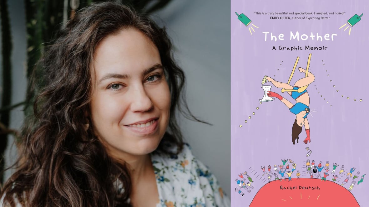 A composite image of a woman with black hair beside an illustrated book cover featuring a woman swinging from a trapeze. 