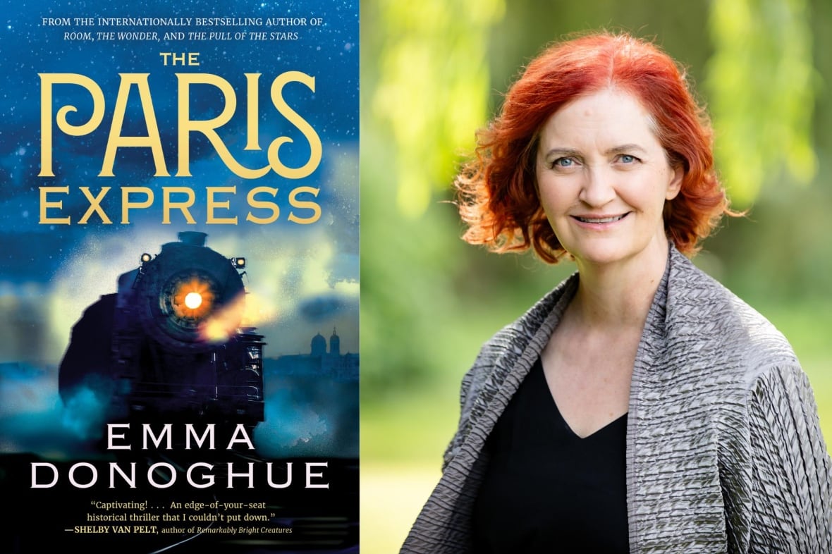 A composite image that shows a book cover with the front of a train against a starry sky on the left and a headshot photo of a woman with a short red bob hair on the right. 