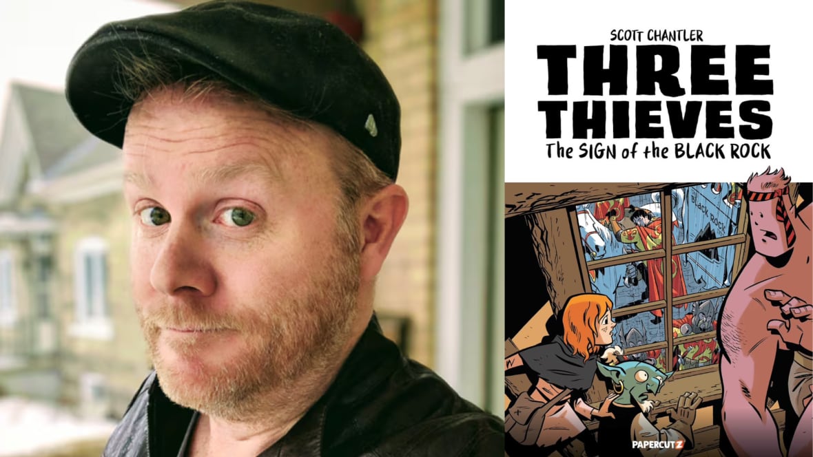 A composite image of a man with a hat on beside an illustrated comic book cover. 