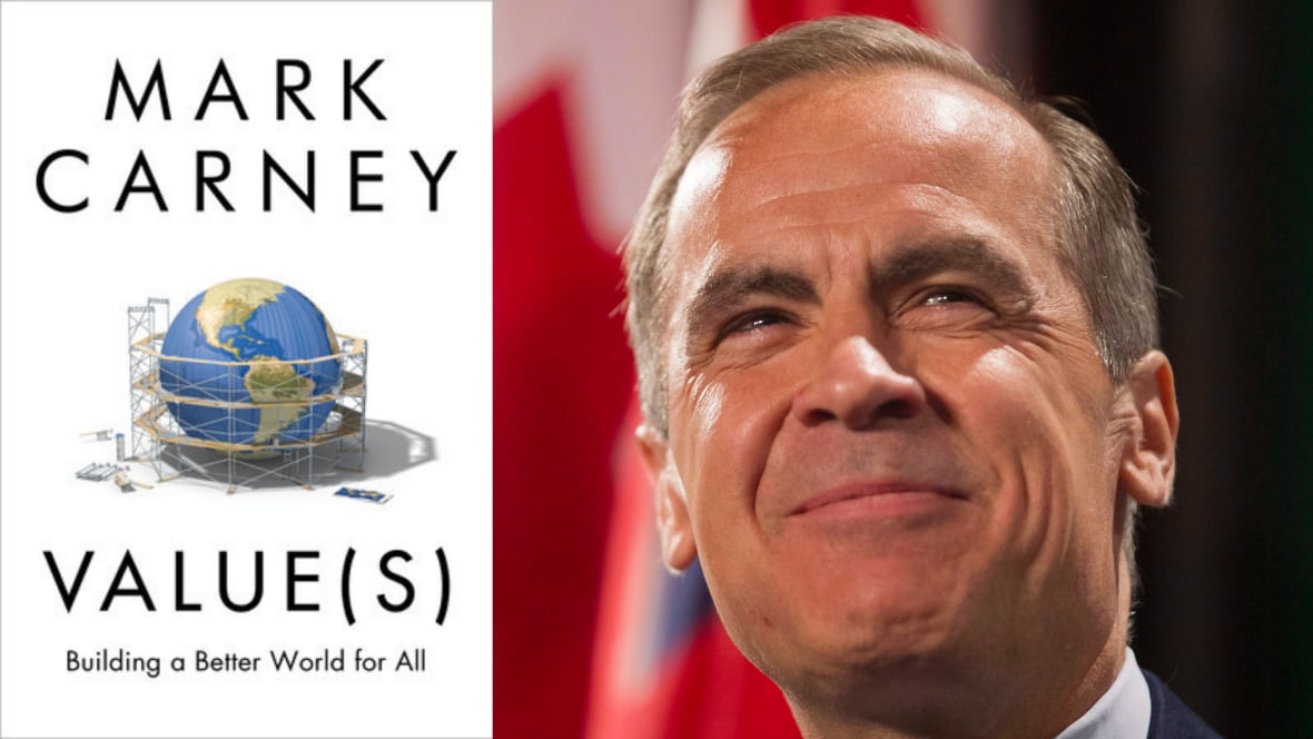 A book cover of a world under construction. A headshot of Mark Carney.