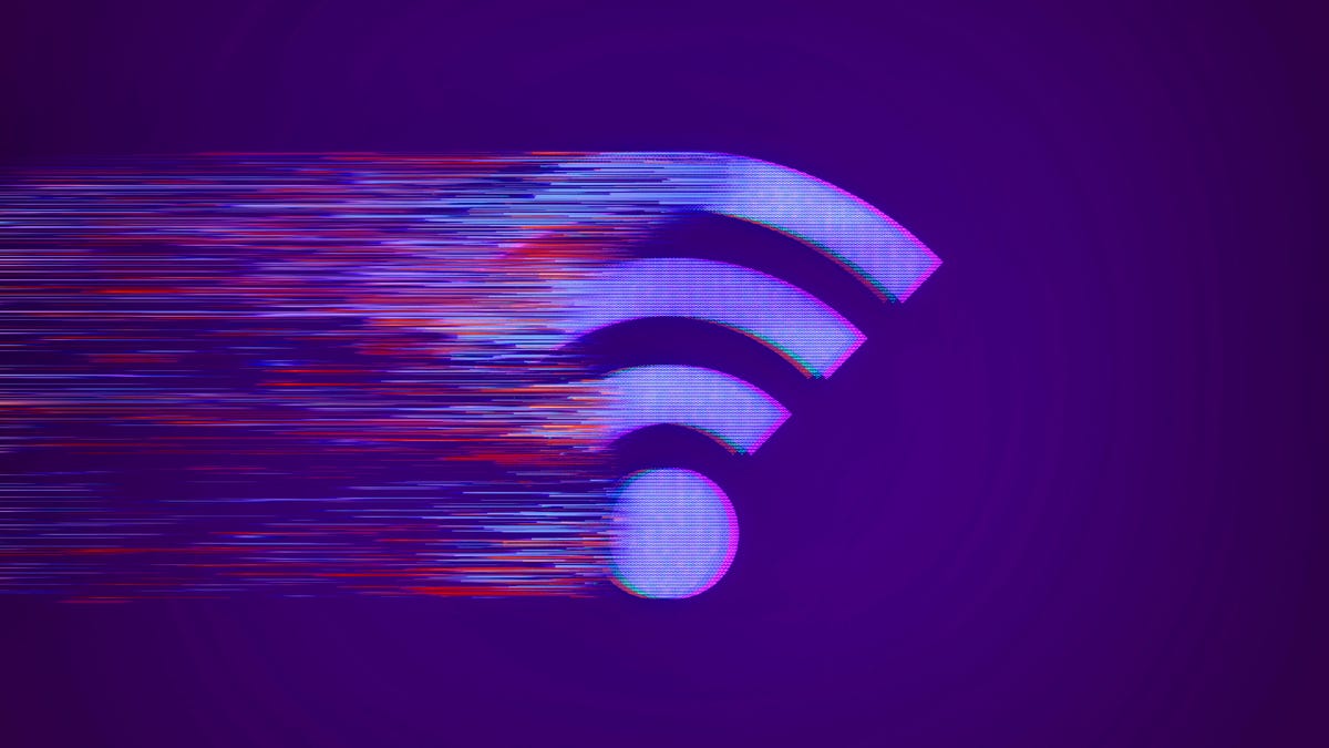a distorted Wi-Fi symbol on a purple background