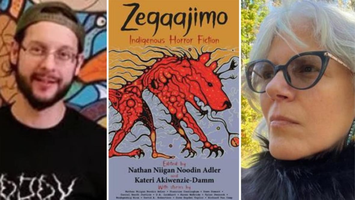 A man wearing glasses with a beard, glasses and a backwards baseball cap. A book cover of a red monster animal against a purple and orange background. A woman with white hair and glasses looks left.