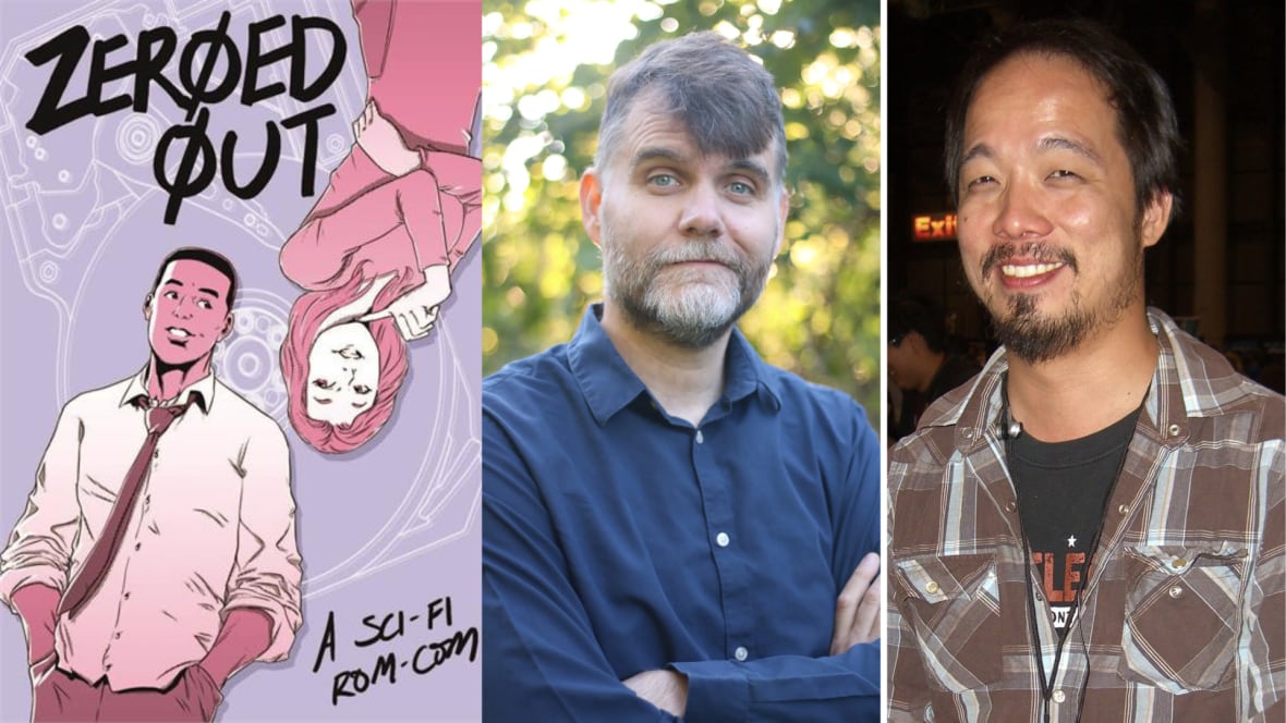 A composite image of an illustrated book cover with a man and a woman looking at each other beside a portrait of a white man with grey hair looking into the camera and an Asian man with black hair smiling into the camera.