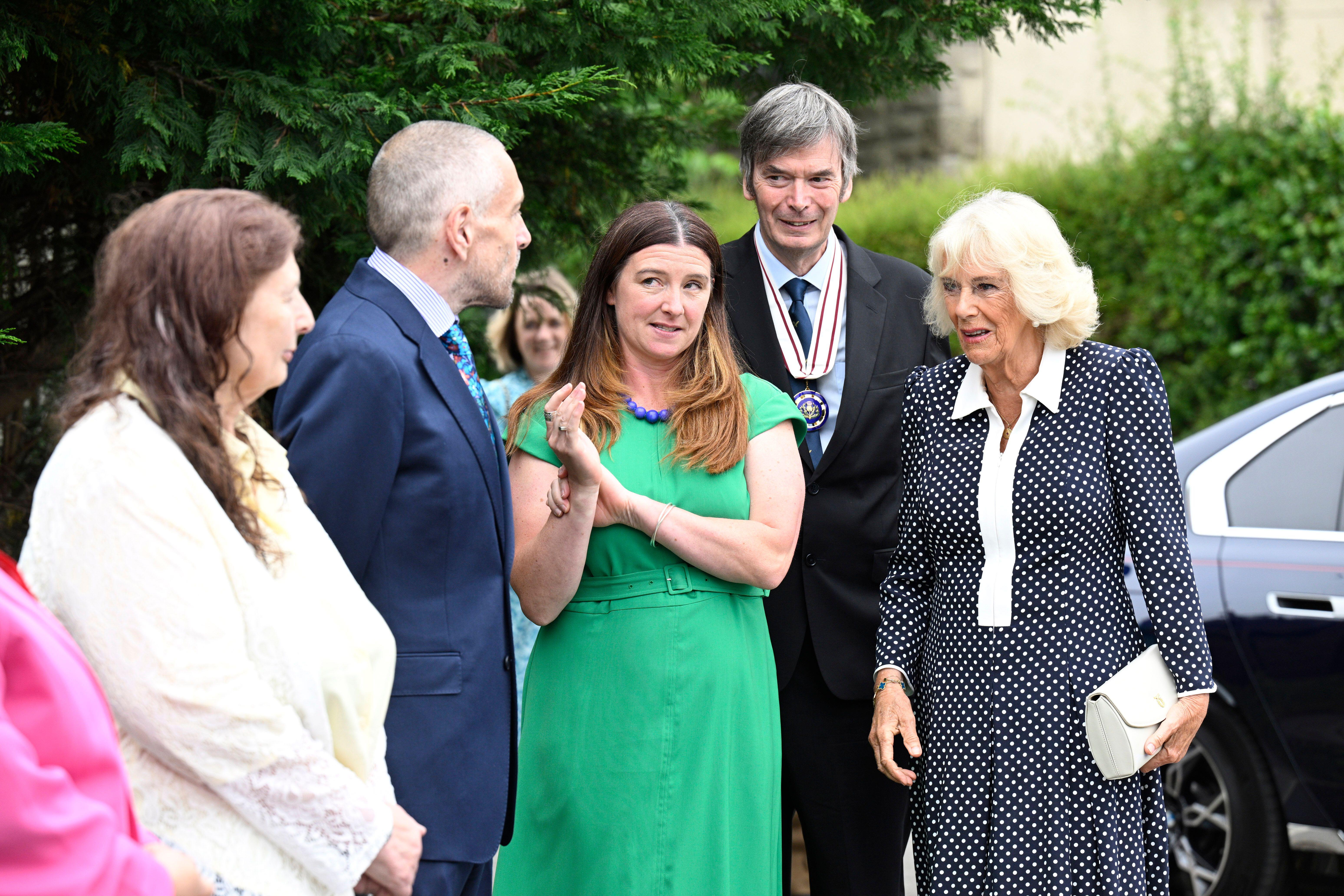 Queen Camilla with Jenny Niven, director of the Edinburgh Book Festival, at Ratho Library.