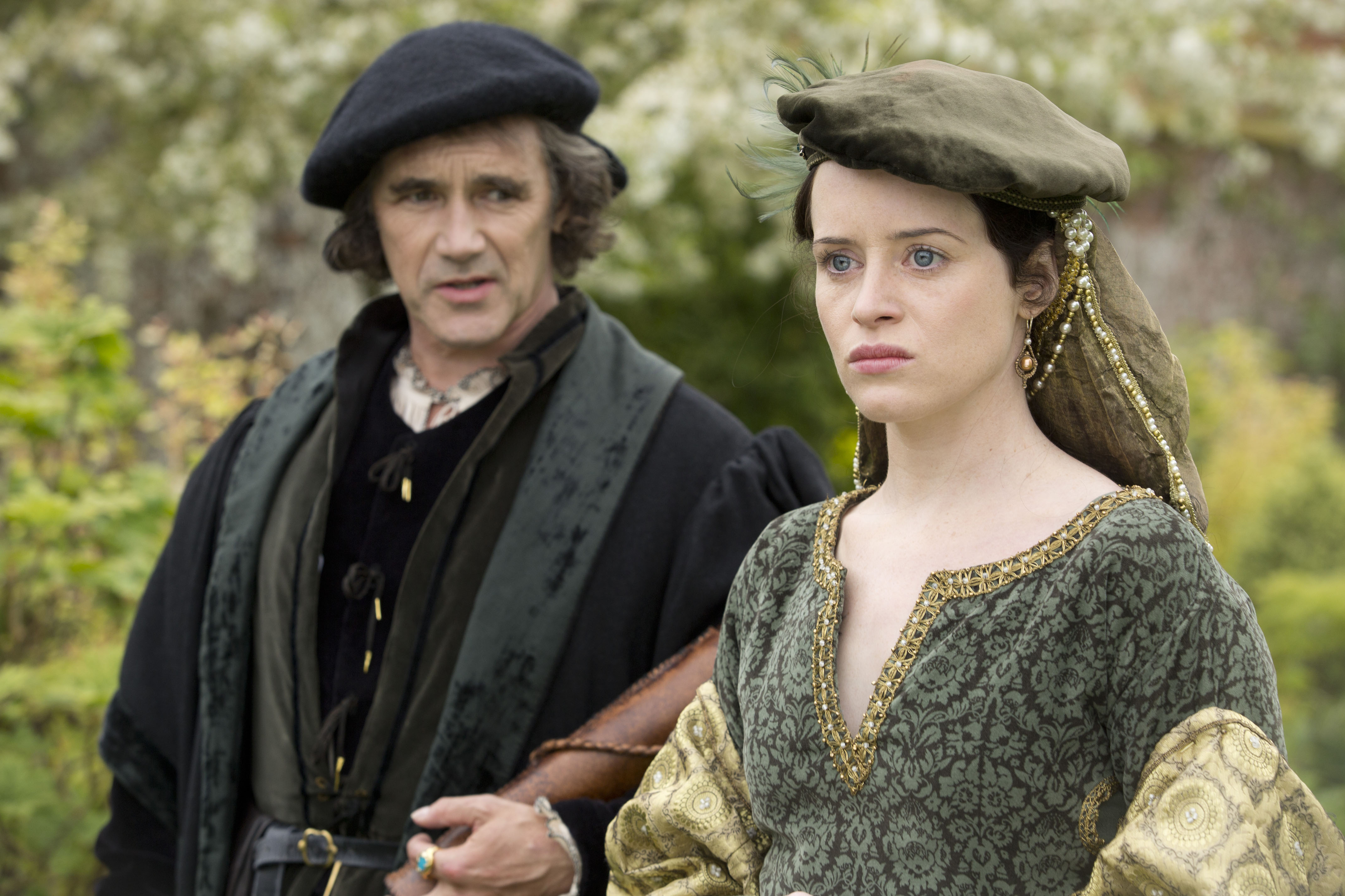 Mark Rylance as Thomas Cromwell and Claire Foy as Anne Boleyn in *Wolf Hall*.