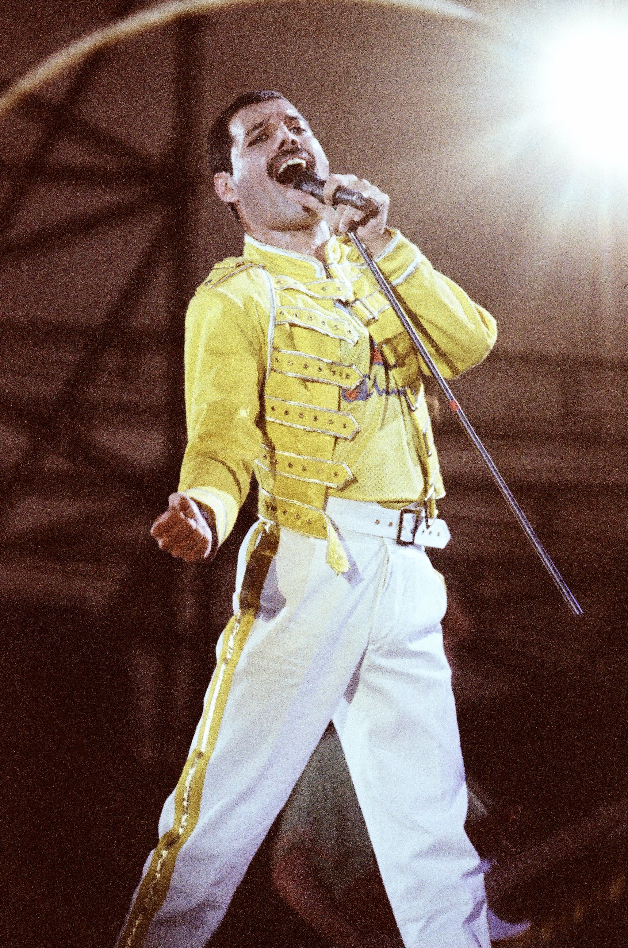 Freddie Mercury of Queen performing live on stage.