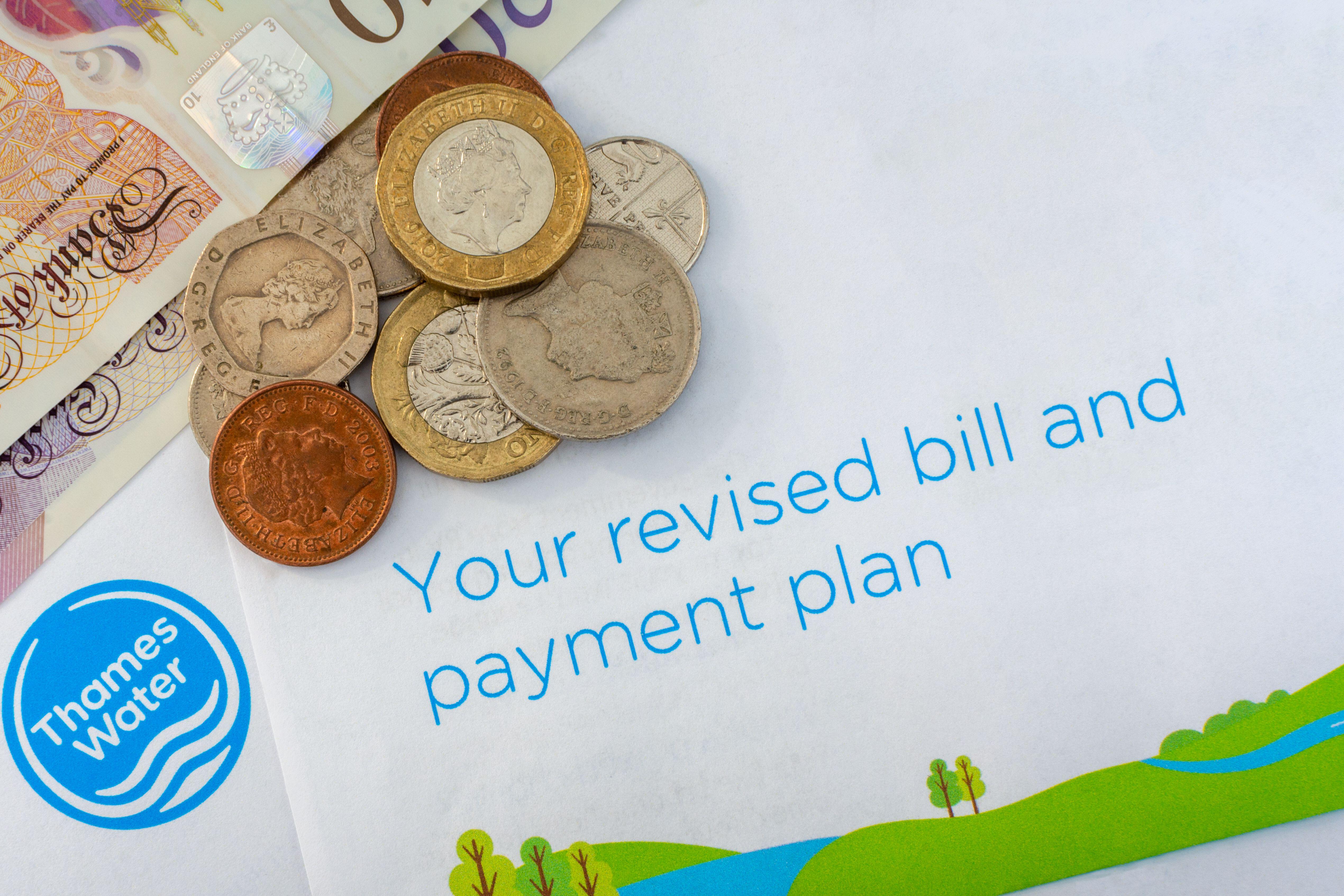 Thames Water bill with UK currency and payment plan.