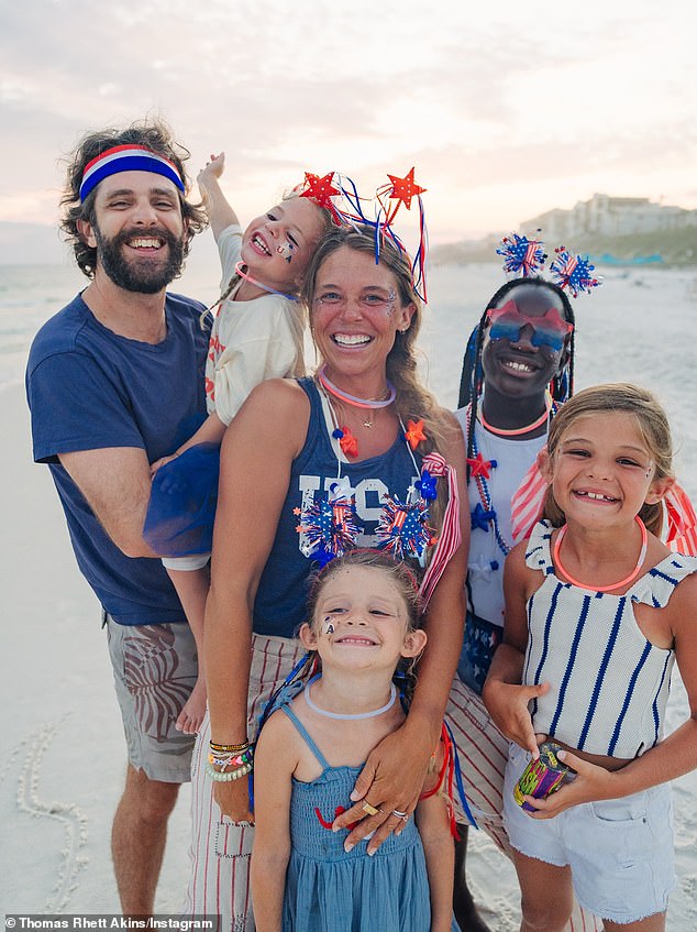 However, Thomas and the expecting 35-year-old did not reveal a due date for the future baby sibling for their four daughters - Willa Gray, 9; Ada James, 8; Lennon Love, 5; and Lillie Carolina, 3 (pictured July 4)